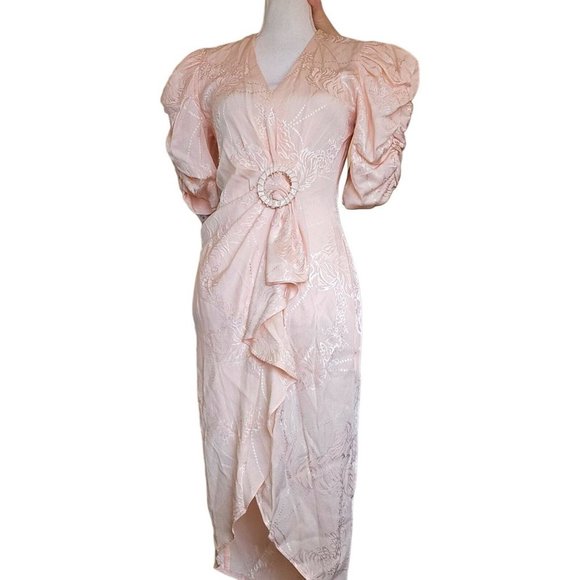 Vintage 80s Sz 4 Light Pink Floral Wrap Dress Gather Knee Length Puff Sleeve‎ - Picture 3 of 14